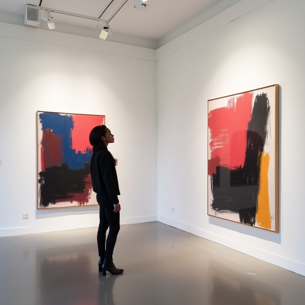 Visitors examining modern art installations in a gallery
